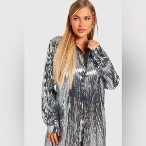 Boohoo Black and Silver Sequin Shirt Dress